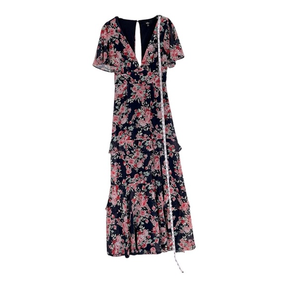 Lulus Navy Floral Maxi Dress Low Plunge Short Sleeve Womens XS - Picture 10 of 11